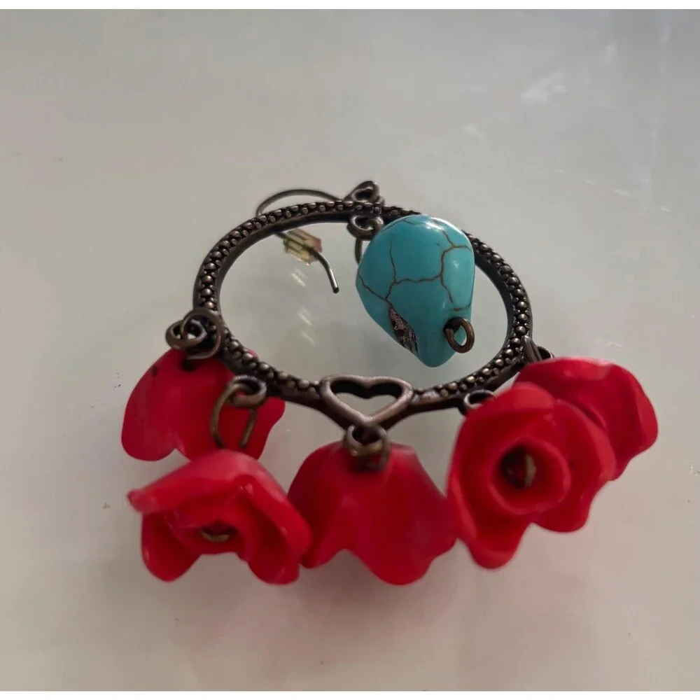 Vintage Skull Hoop Earrings Red Rose Turquoise Dangle Boho Gothic